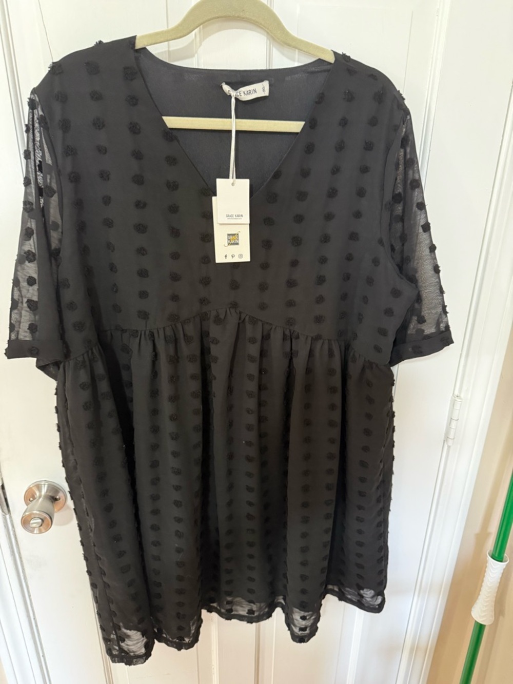 Grace Karin Black Swiss Dot V-Neck Babydoll Dress - size 2 X -measuring 35 x 23”